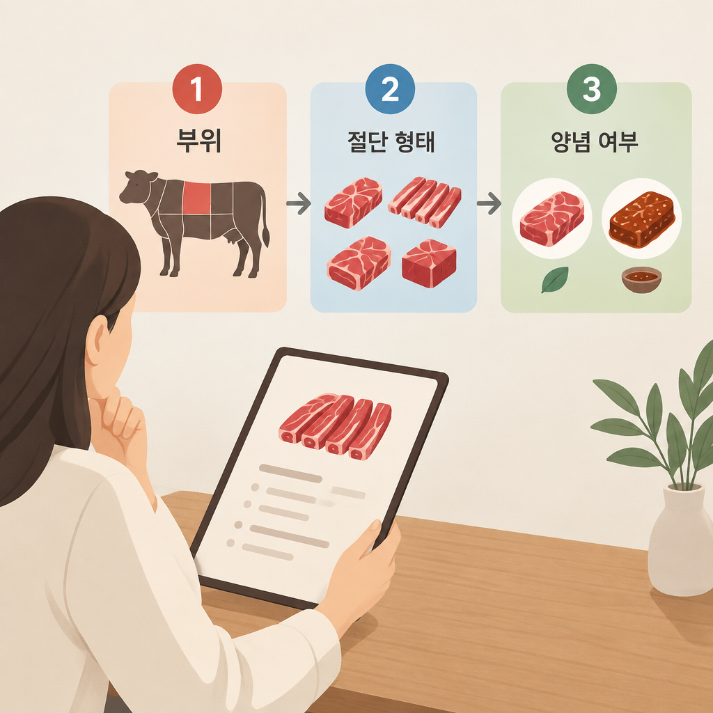 AI 생성 설명 이미지: 안산일동한우 유니드정육식당 | 갈비 메뉴명에서 부위·절단·양념을 읽는 순서